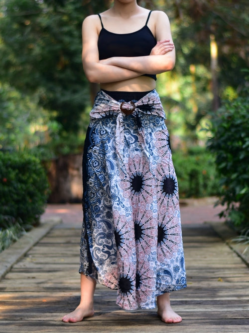 Boho White Pink Ink Splash Long Skirt / Sundress With Coconut Buckle