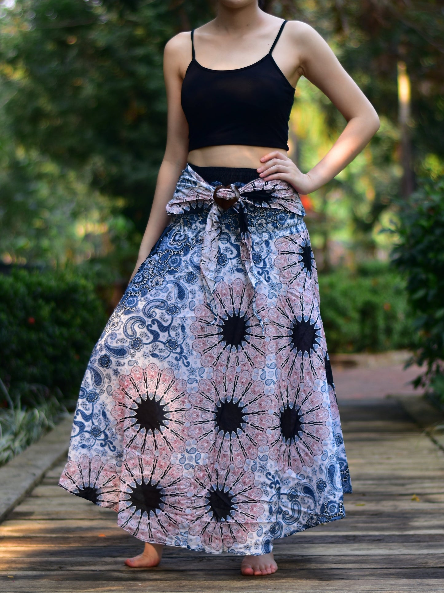 Boho White Pink Ink Splash Long Skirt / Sundress With Coconut Buckle