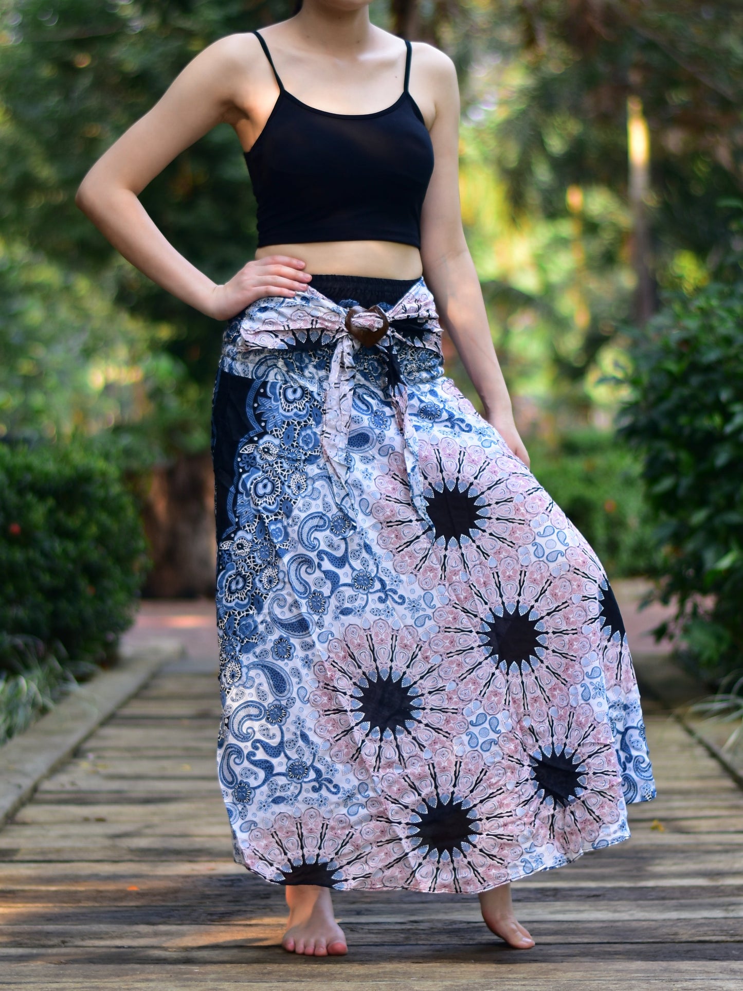 Boho White Pink Ink Splash Long Skirt / Sundress With Coconut Buckle