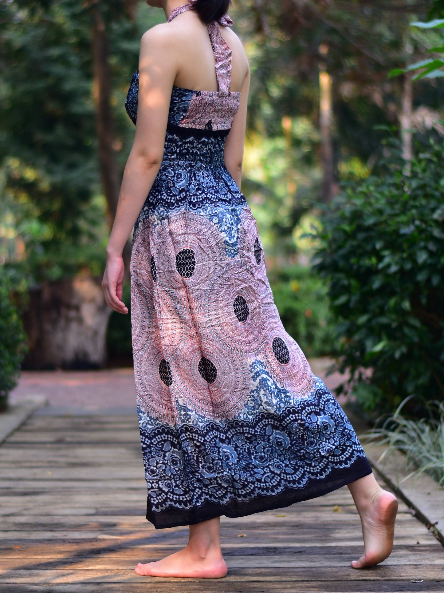 Boho Light Pink & White Sun Glow Print Tie Neck Maxi Dress