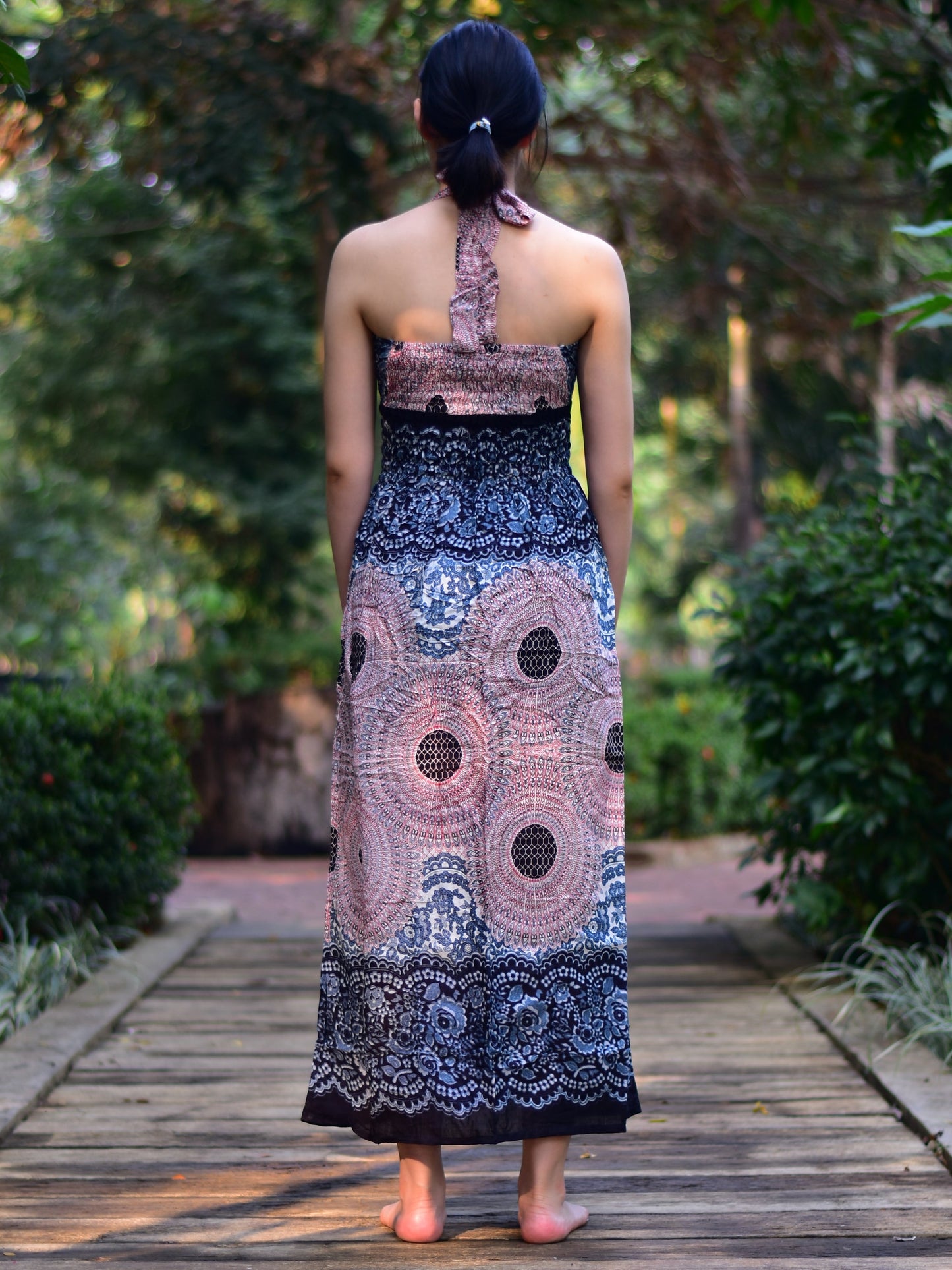 Boho Light Pink & White Sun Glow Print Tie Neck Maxi Dress