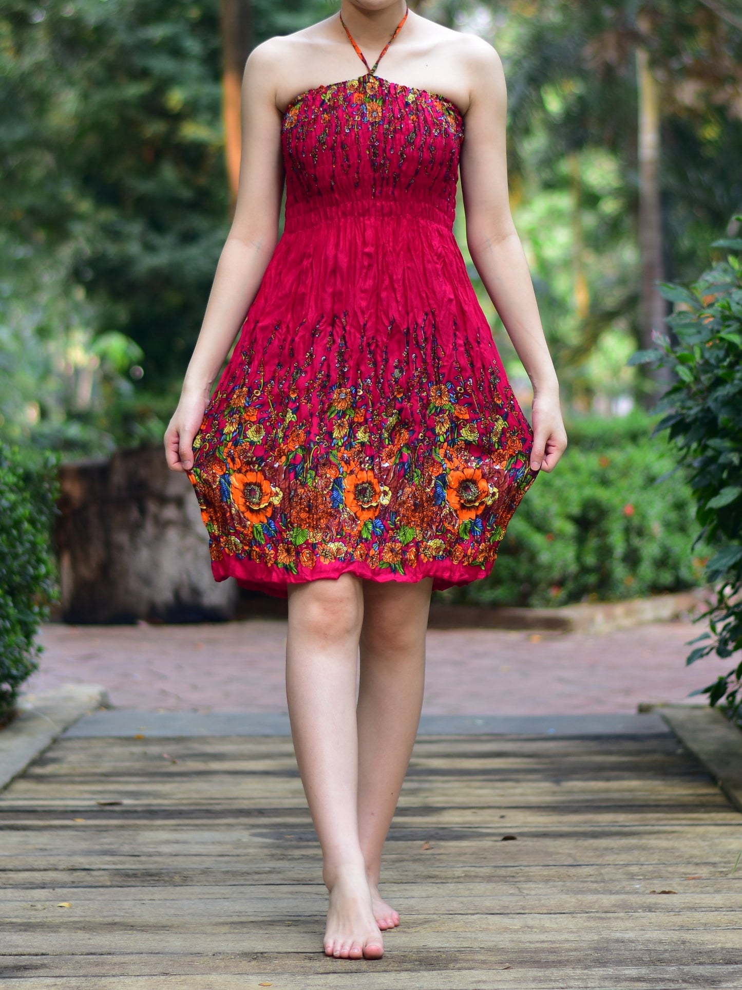 Boho Red Floral Print Tube Skirt / Dress