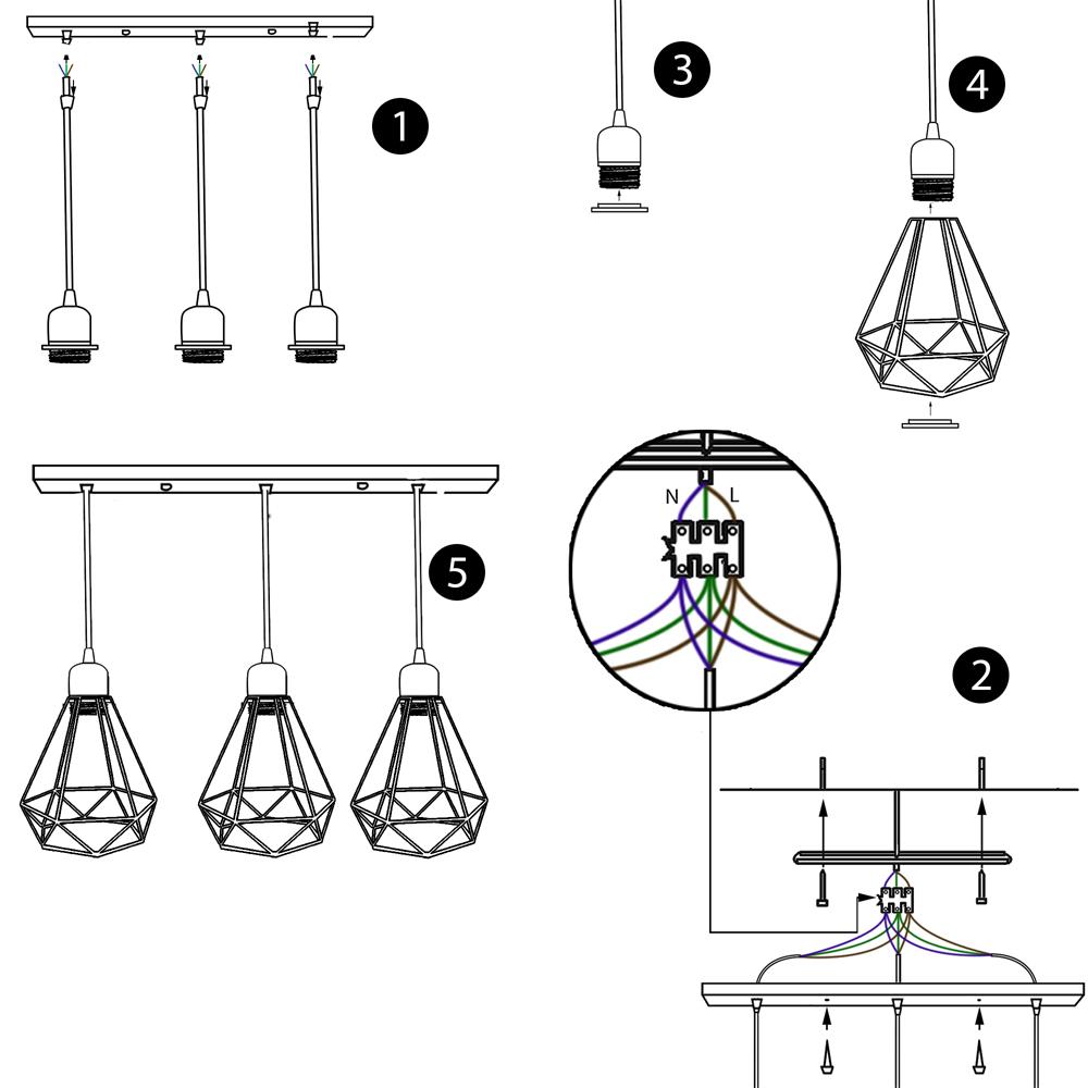 Retro Loft 3 Head Ceiling Light Shade Pendant Lamp With Bulbs