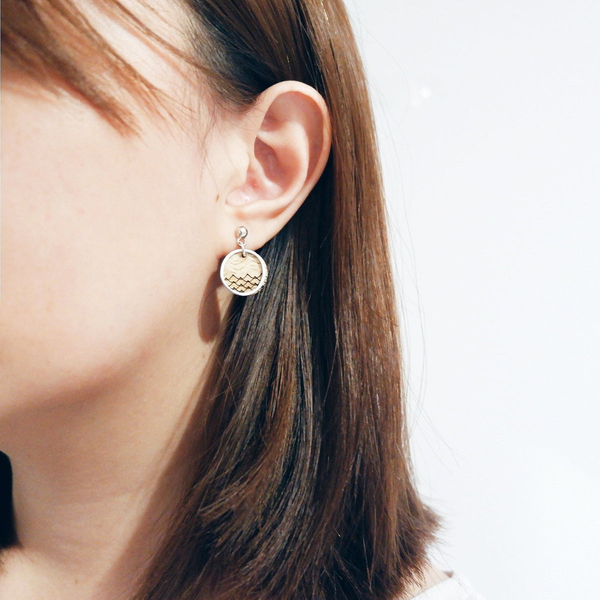 Cove recycled wood drop earrings worn