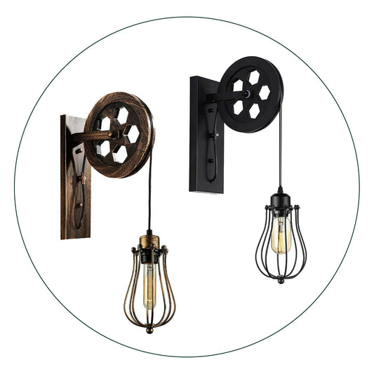 Retro Industrial Pulley Wheel Wall Light Fixture Metal Balloon Cage