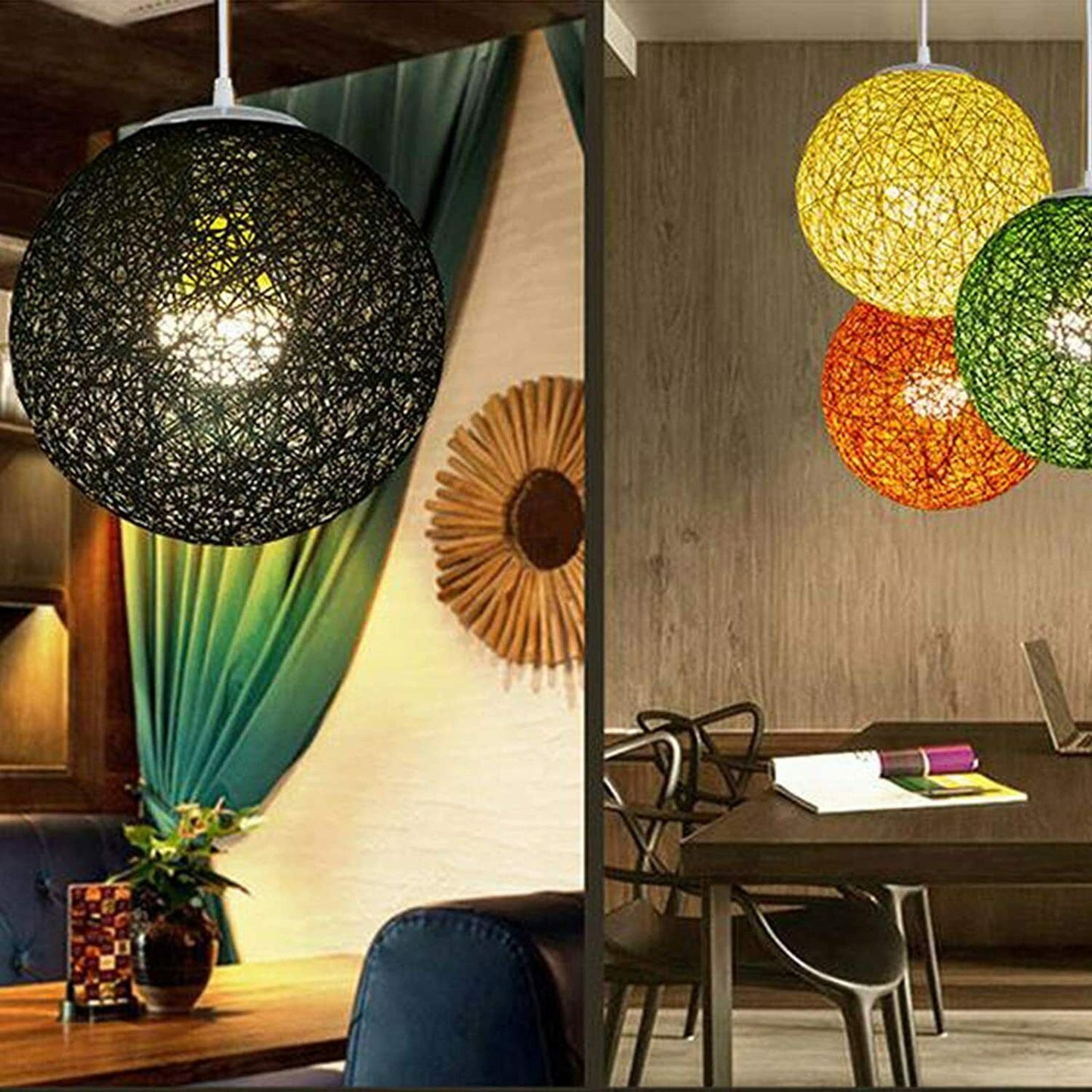 Modern Industrial Rattan Wicker Woven Ball Globe Two Outlet Pendant