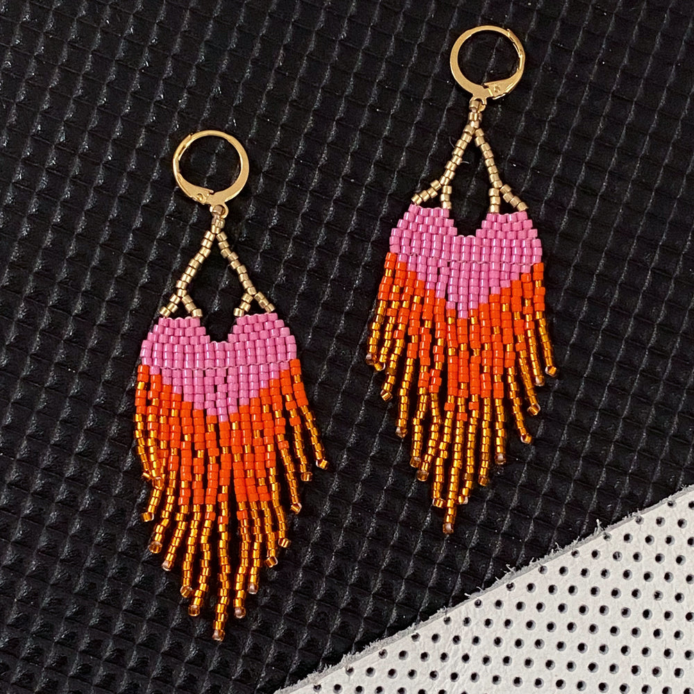 LOVE Earrings - Pink + Orange Ombre Fringe