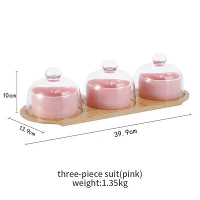 Ceramic Bowls With glass Lids, Bamboo Wood Tray- Pink