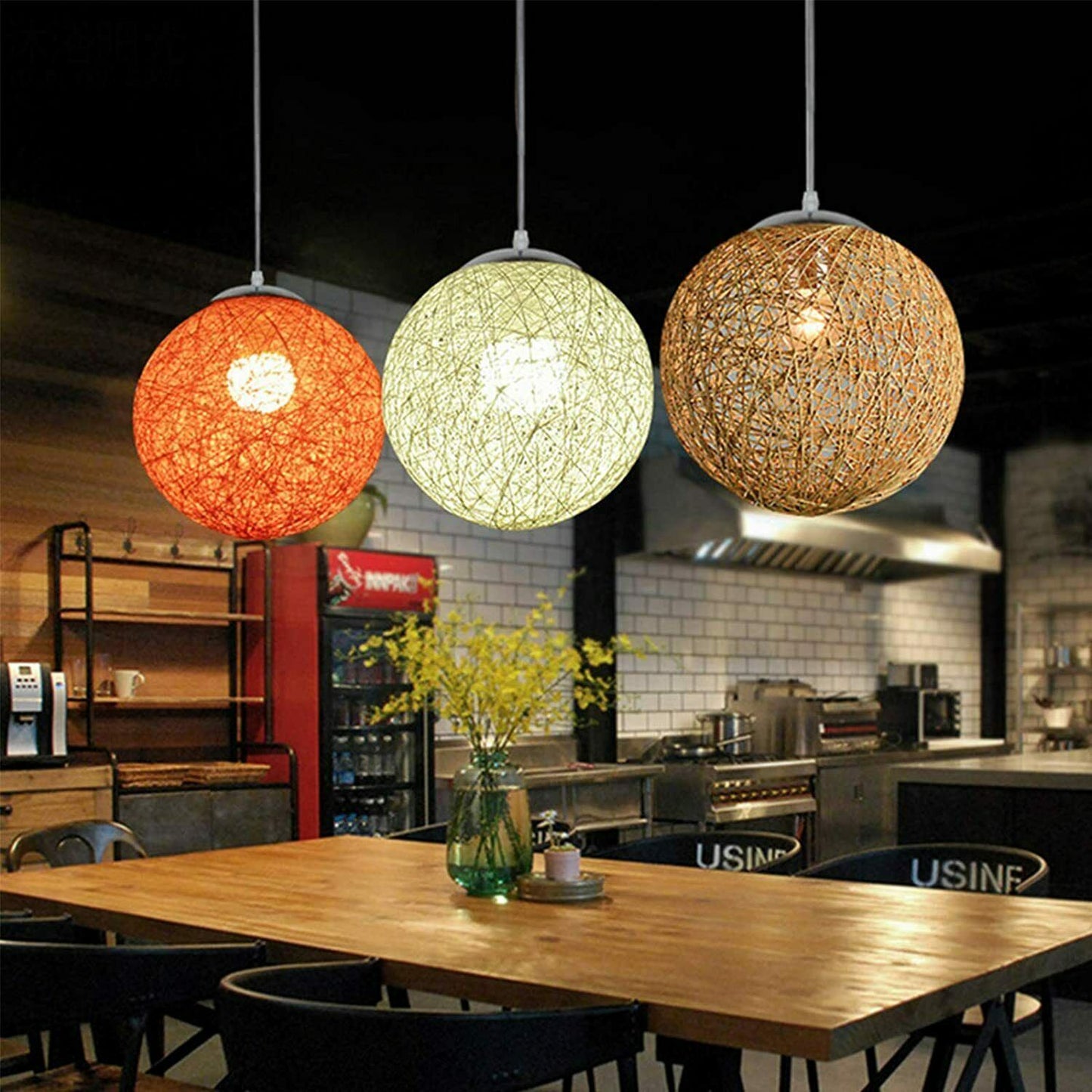 Modern Industrial Rattan Wicker Woven Ball Globe Two Outlet Pendant