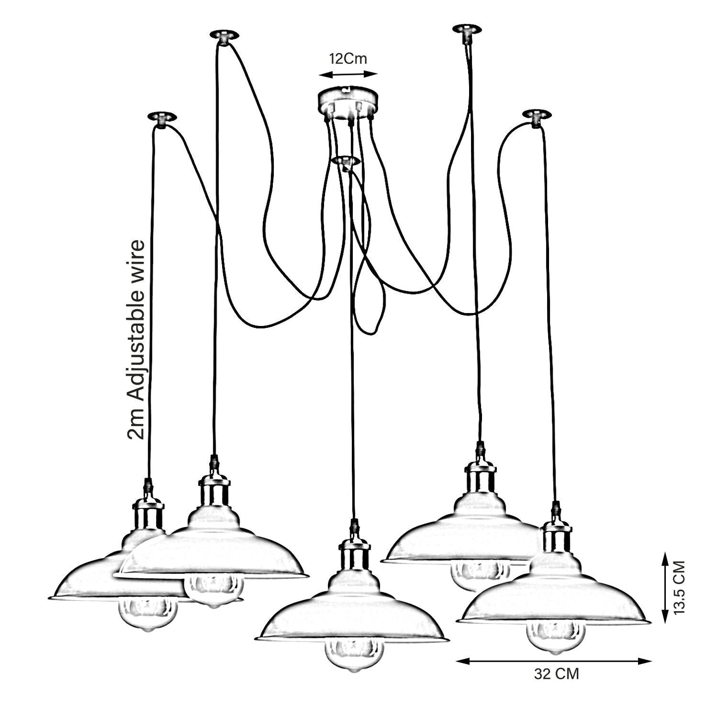 Vintage 5 Way Chandelier Spider Ceiling Fixture Metal Curvy Shade