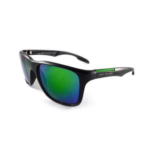 East Village Sporty 'Putney' Square Black Sunglasses with Green Revo