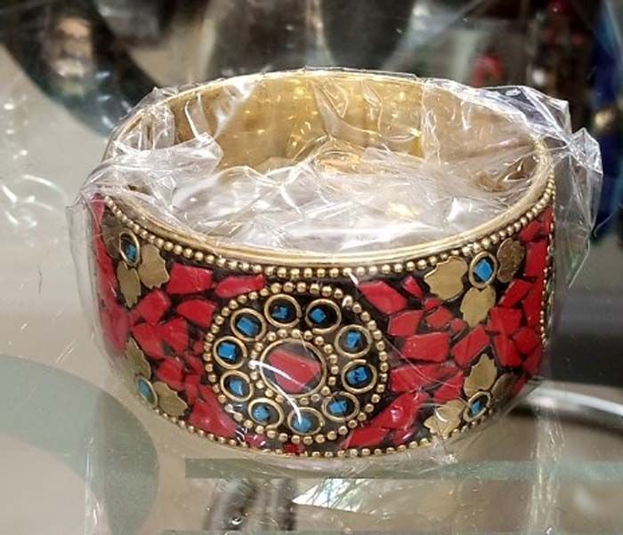 Boho Red Mosaic Brass Bangle Bracelet