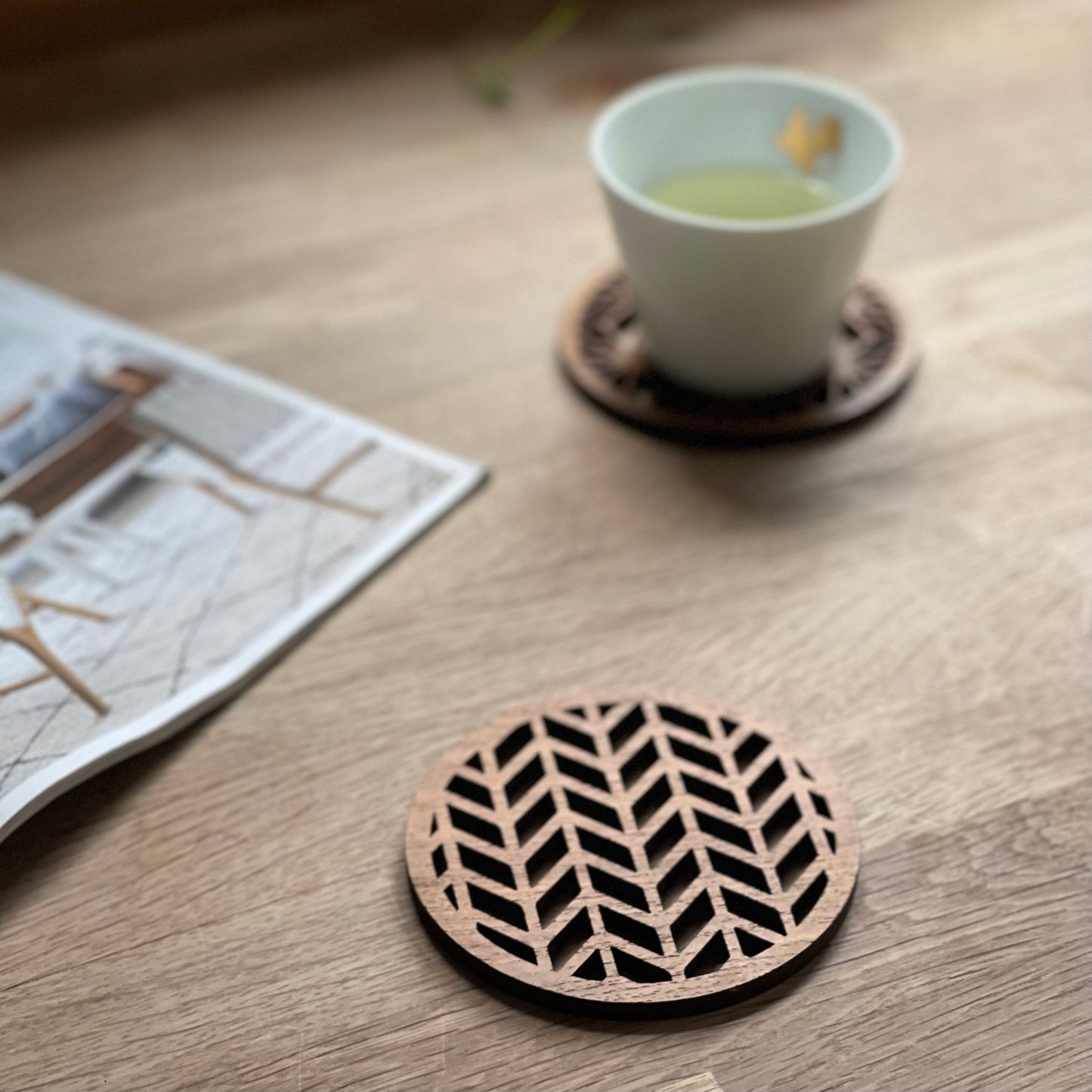 Japanese Patterns Upcycled Teak Wood Coasters - Individual / Set of 4