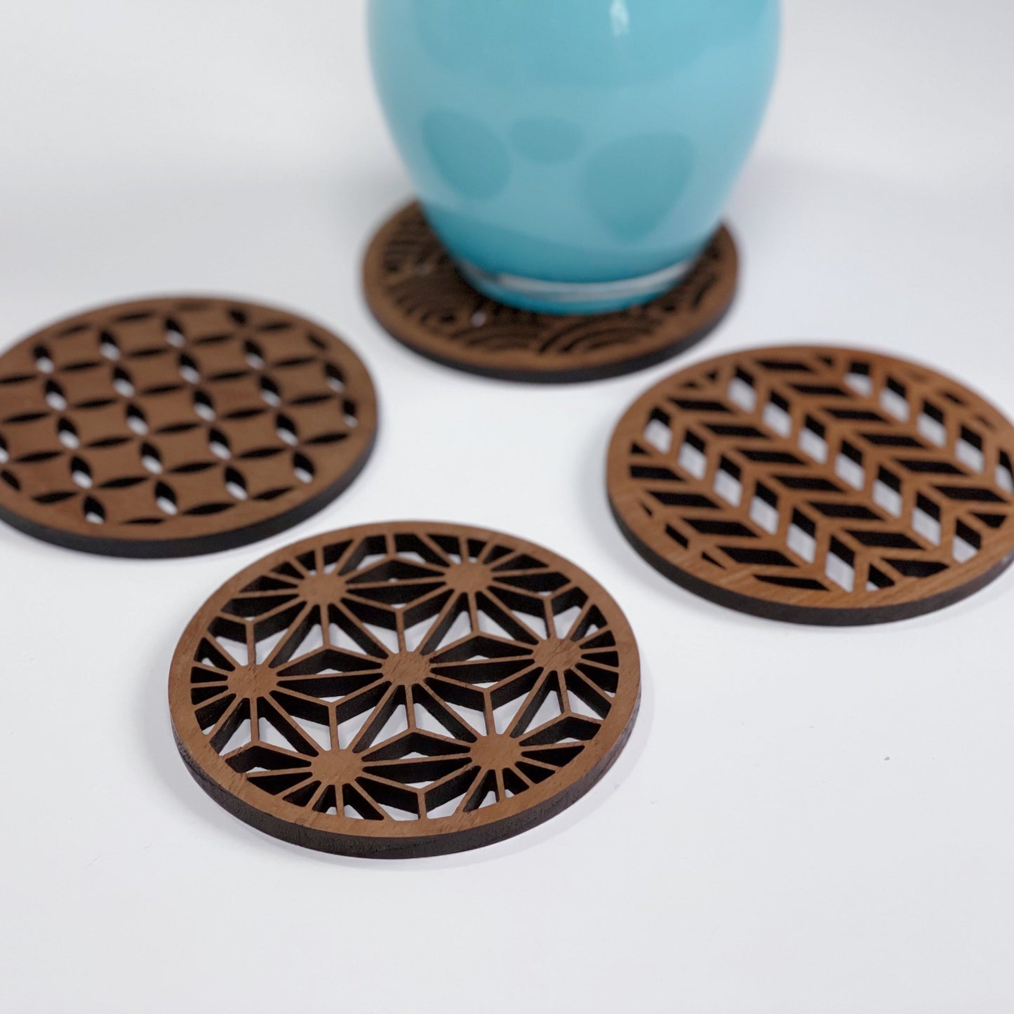 Japanese Patterns Upcycled Teak Wood Coasters - Individual / Set of 4