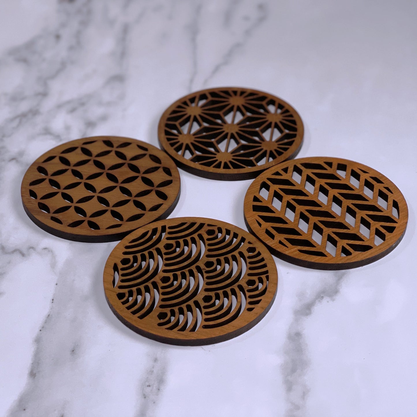 Japanese Patterns Upcycled Teak Wood Coasters - Individual / Set of 4