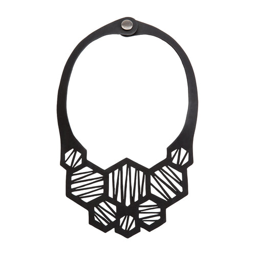 Honeycomb black recycled rubber cutout necklace close up