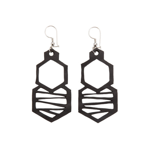 Honeycomb recycled rubber hexagonal drop earrings close up