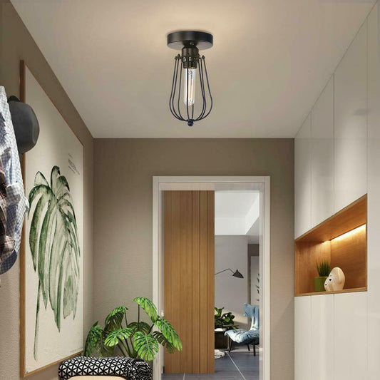 Vintage Hallway Ceiling Light, Black Semi-Flush Mount Basket Cage